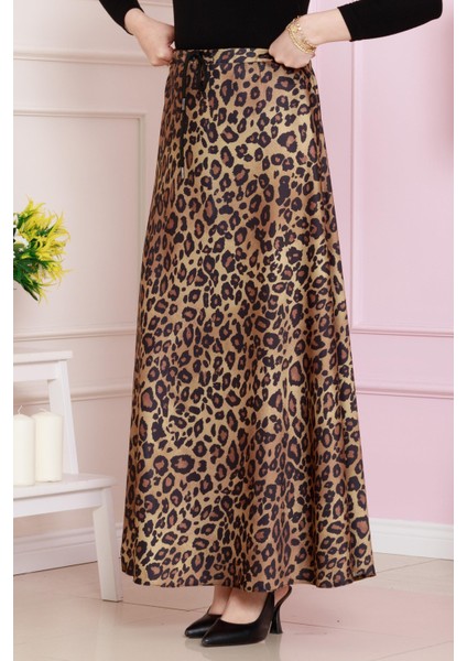 Beli Bağcıklı Leopar Desenli Etek-Hardal