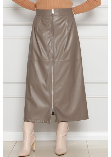 Önü Fermuar Detaylı Deri Etek-Vizon