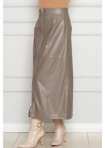 Önü Fermuar Detaylı Deri Etek-Vizon fiyatları