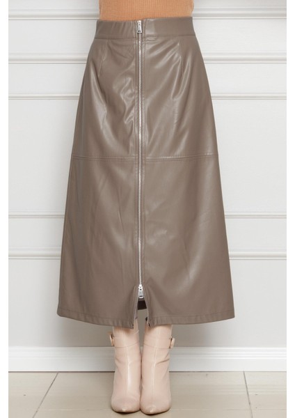 Önü Fermuar Detaylı Deri Etek-Vizon modelleri