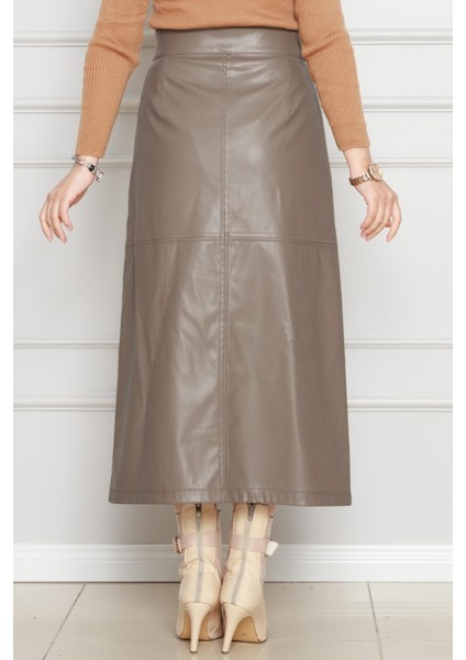 Önü Fermuar Detaylı Deri Etek-Vizon indirimleri