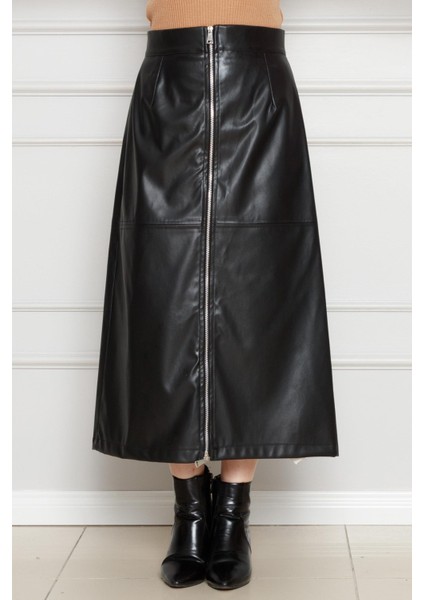 Önü Fermuar Detaylı Deri Etek-Siyah