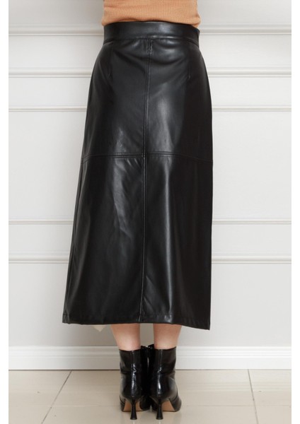 Önü Fermuar Detaylı Deri Etek-Siyah fiyatları