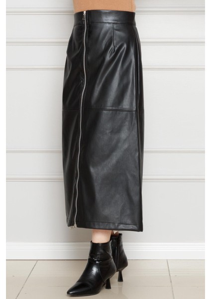 Önü Fermuar Detaylı Deri Etek-Siyah modelleri