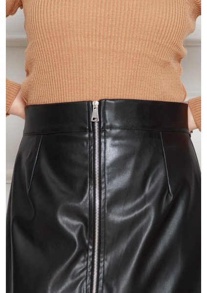 Önü Fermuar Detaylı Deri Etek-Siyah fırsatları