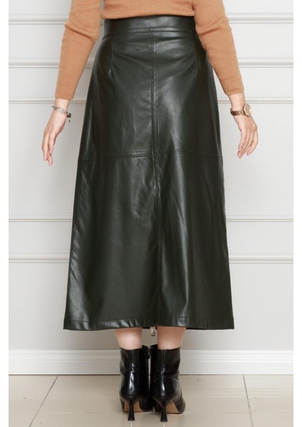 Önü Fermuar Detaylı Deri Etek-Siyah indirimleri
