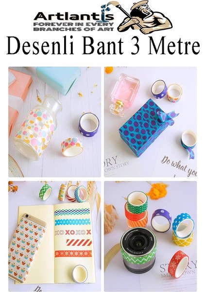 Renkli Desenli Bant 12 Adet 18MM x 3 Metre Dekoratif Desenli Bant Farklı Renklerde Gönderim Yapılmaktadır Desenli modelleri