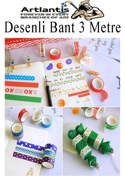 Renkli Desenli Bant 3 Adet 18MM x 3 Metre Dekoratif Desenli Bant Farklı Renklerde Gönderim Yapılmaktadır Desenli