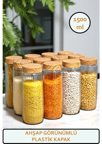 12'li Cam Kavanoz Seti Plastik Ahşap Görünümlü Kapak Büyük Boy Erzak Bakliyat Saklama Seti 1500 ml