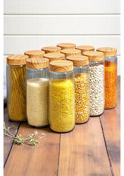 12'li Cam Kavanoz Seti Plastik Ahşap Görünümlü Kapak Büyük Boy Erzak Bakliyat Saklama Seti 1500 ml fırsatları