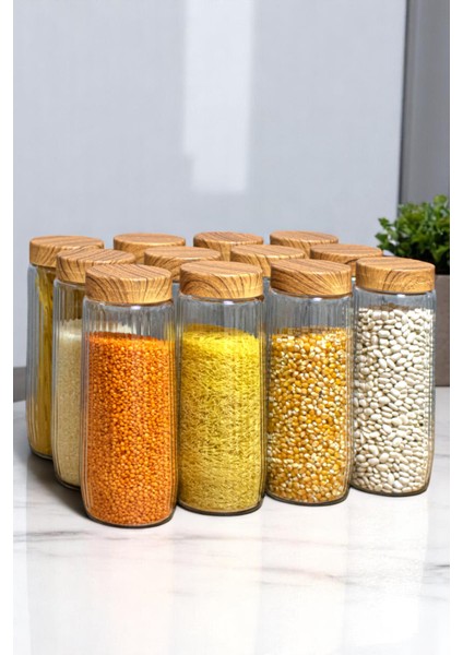12'li Cam Kavanoz Seti Plastik Ahşap Görünümlü Kapak Büyük Boy Erzak Bakliyat Saklama Seti 1500 ml indirimleri