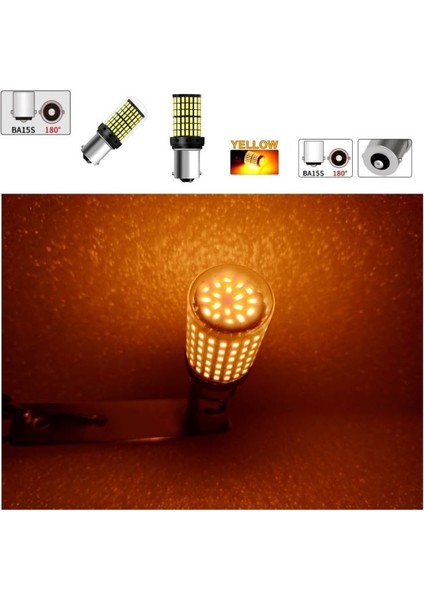 ( 2 x Adet ) 1 Takım. LED 93 21W Snyal Ampul 12V 144 LED Düz Yanar + Çakar Yellow Flash ( 21W 93 Ampul 144 LED Sarı Çakar)