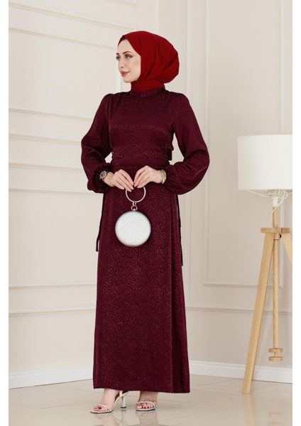 Banu Yanı Bağcıklı Saten Abiye-Bordo