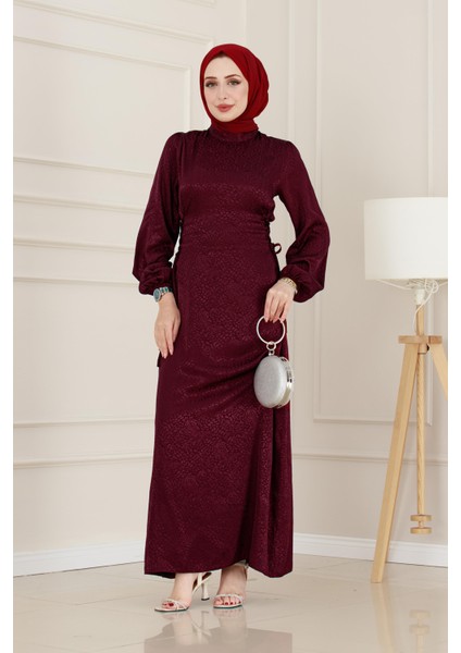 Banu Yanı Bağcıklı Saten Abiye-Bordo fiyatları