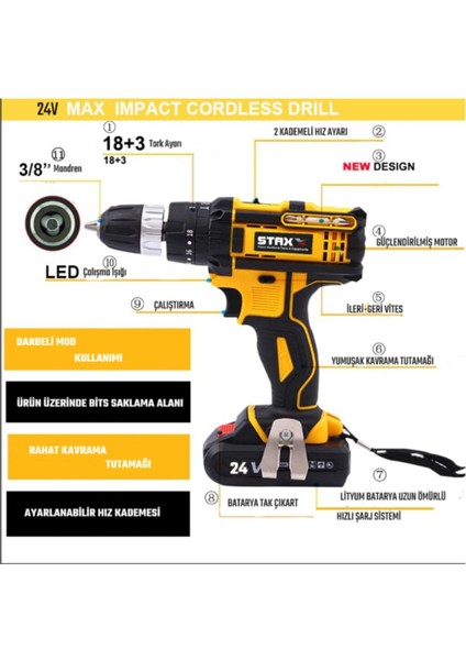 Speed 24V 5 Ah Darbeli Çift Akülü Şarjlı Vidalama Matkap Metal Dişli Şanzuman Çantalı Set fiyatları