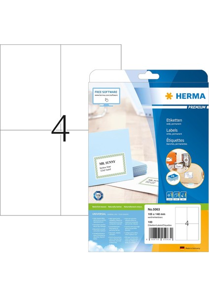 Kendinden Yapışkanlı Çok Amaçlı Etiketler, A4 Sayfa Başına 4 Etiket, Lazer ve Mürekkep Püskürtmeli Yazıcılar Için 100 Etiket, Büyük, 105 x 148 mm (5063)