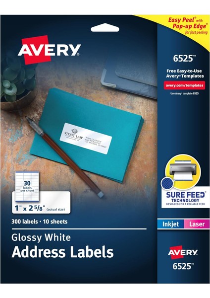 Lazer Yazıcılar Için Parlak Beyaz Adres Etiketleri, 1" x 2-5/8", 300 Etiket (6525)