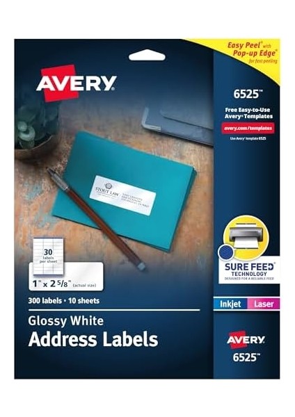 Lazer Yazıcılar Için Parlak Beyaz Adres Etiketleri, 1" x 2-5/8", 300 Etiket (6525)
