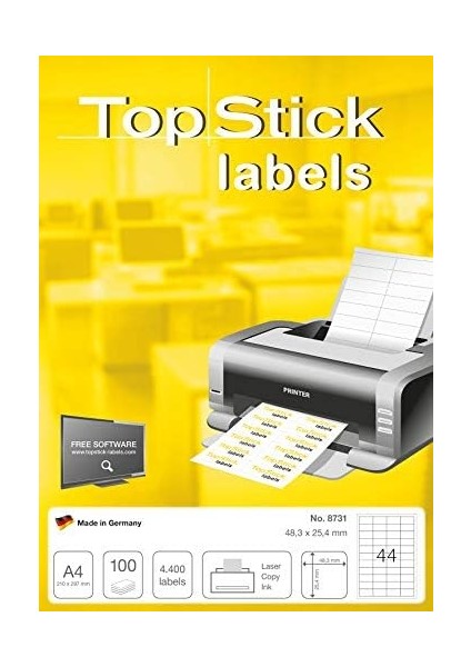 8731 Evrensel Etiketler, 100 Yaprak, 48,3 x 25,4 Mm, 44 Pro A4 Yaprak, 4400 Adet, Kendinden Yapışkanlı, Yazdırılabilir, Mat, Çıkartma, Beyaz