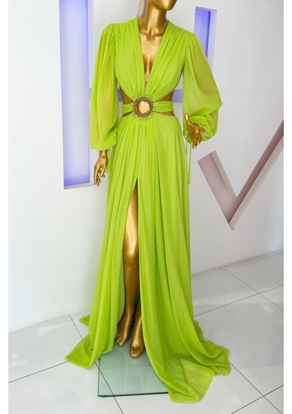 Yeşil Yırtmaç Detaylı Abiye Elbise