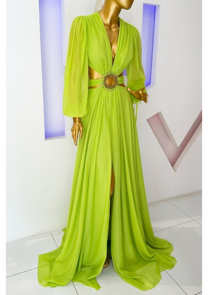 Yeşil Yırtmaç Detaylı Abiye Elbise modelleri