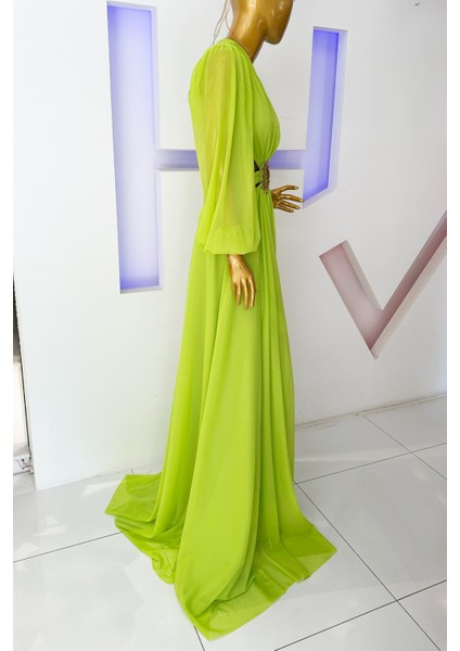 Yeşil Yırtmaç Detaylı Abiye Elbise indirimleri