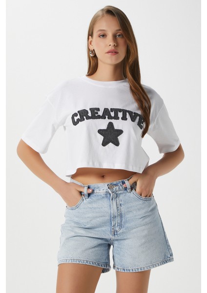 Kadın Creative Antrasit Nakışlı Crop T-Shirt