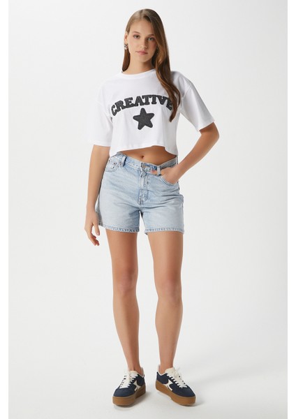 Kadın Creative Antrasit Nakışlı Crop T-Shirt