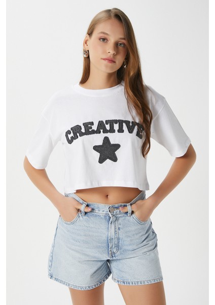 Kadın Creative Antrasit Nakışlı Crop T-Shirt