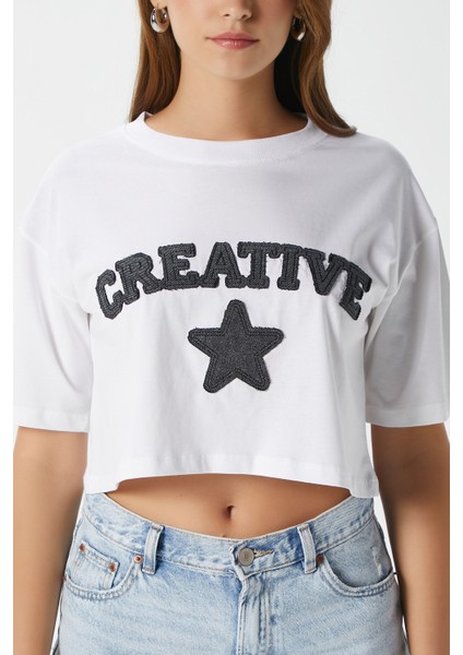 Kadın Creative Antrasit Nakışlı Crop T-Shirt