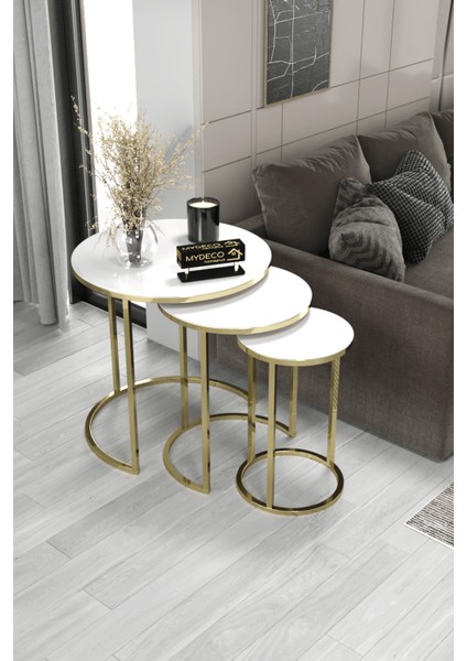 3'lü Zigon Sehpa Gold Ayak Beyaz Ayna