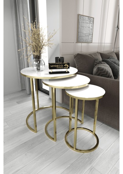 3'lü Zigon Sehpa Gold Ayak Beyaz Ayna