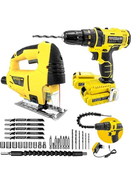 24 W Çift Akülü Aksesuarlı Darbeli Matkap ve Lazerli 650W Dekupaj Seti 1033-1069