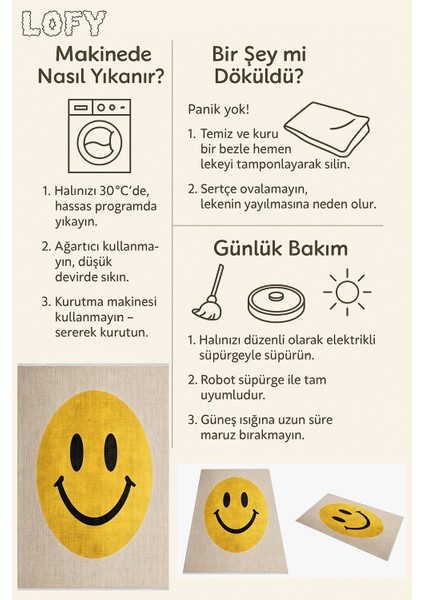 Sarı Smiley Yüz Desenli Halı, Modern ve Eğlenceli Tasarım, Genç Odası Için Neşeli Dokunuş