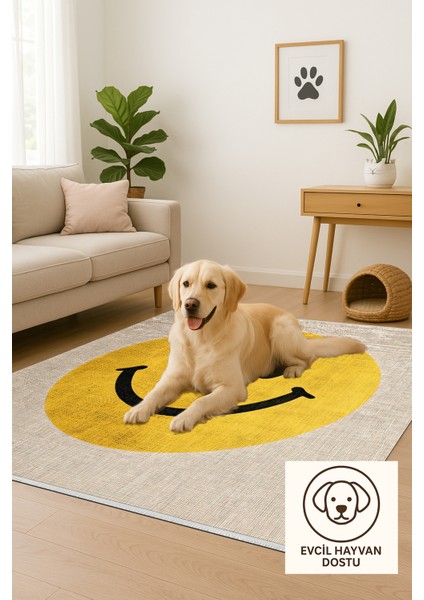 Sarı Smiley Yüz Desenli Halı, Modern ve Eğlenceli Tasarım, Genç Odası Için Neşeli Dokunuş