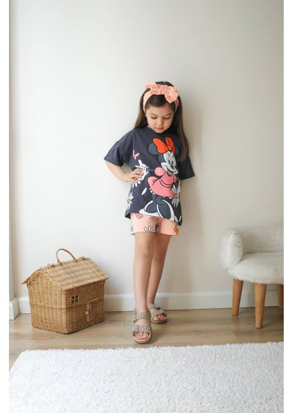 Minnie Mouse Detaylı Kız Çocuk Tarz Şortlu Takım