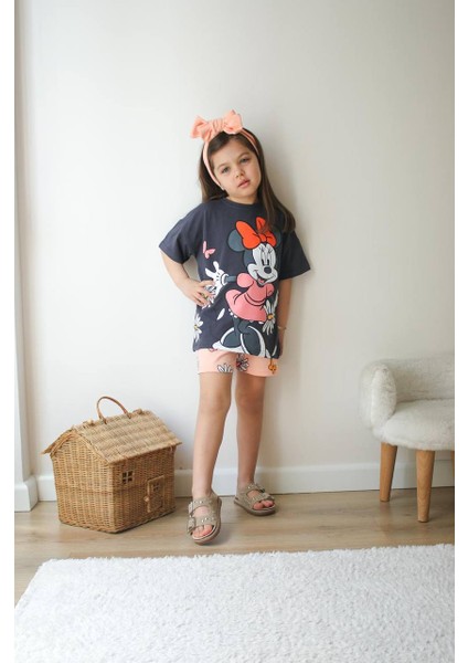 Minnie Mouse Detaylı Kız Çocuk Tarz Şortlu Takım