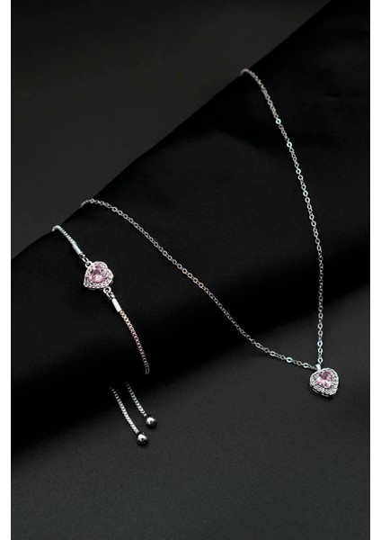 Pandora's Zirkon Taşlı Kalp Charm Model Gümüş Renk Kadın Kolye ve Ayarlanabilir Bileklik Set