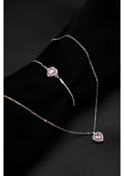 Pandora's Zirkon Taşlı Kalp Charm Model Gümüş Renk Kadın Kolye ve Ayarlanabilir Bileklik Set