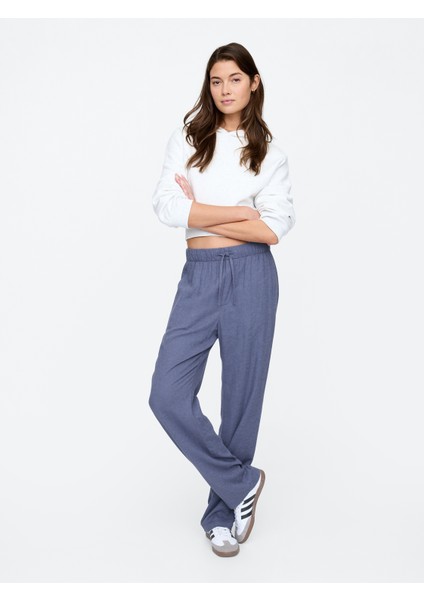 Kadın Mavi Mid Rise Keten Karışımlı Pull-On Pantolon