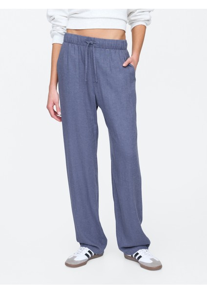 Kadın Mavi Mid Rise Keten Karışımlı Pull-On Pantolon modelleri
