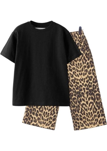 Kız Çocuk Balon Leopar Desenli Pantolon-Basic Siyah T-Shirt Alt-Üst Takım Siyah