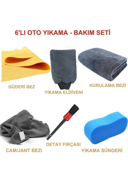 6'lı Mikrofiber Oto Yıkama Seti Kurulama Bezi Cam Bezi Güderi Oto Eldiven Oto Sünger Detay Fırçası