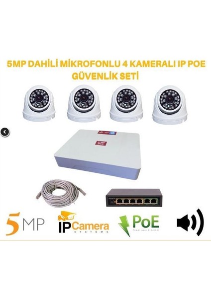 4 Kameralı Dahili Mikrofonlu 5 Mp 1440P Ip Dome Güvenlik Kamerası Seti