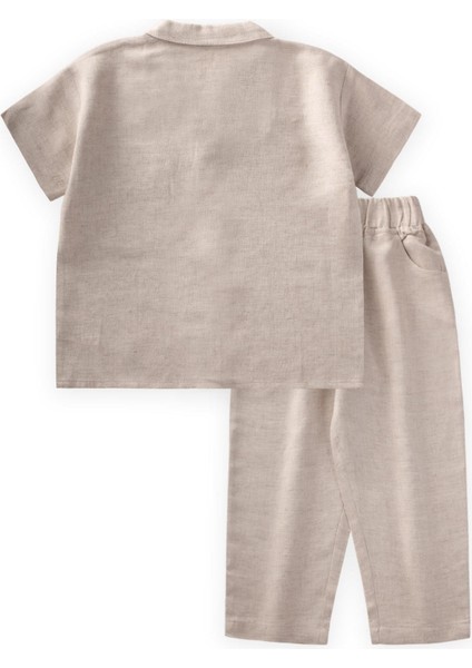 Cebi Nakışlı Gömlek Pantolon Keten Takım 2-7 Yaş Naturel