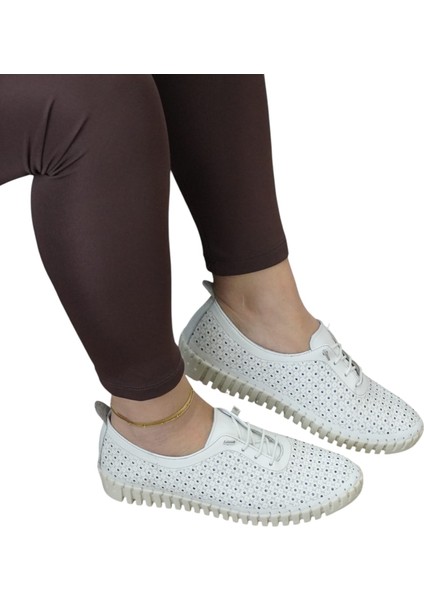Kadın Babet Beyaz Deri Ayakkabı Tabana Dikişli Bağcıklı