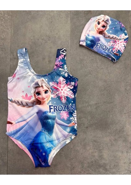 Kız Çocuk Frozen Baskılı Mavi Boneli Mayo
