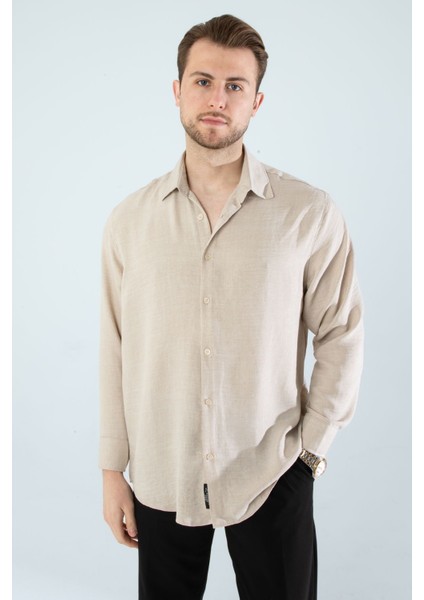Mevsimlik Keten Dokulu Bol Kalıp Uzun Kollu Oversize Erkek Gömlek