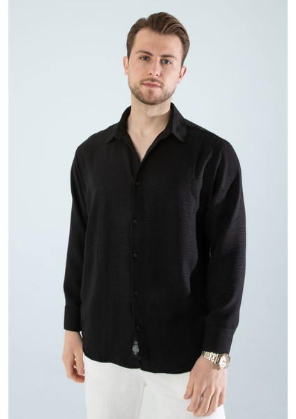 Mevsimlik Keten Dokulu Bol Kalıp Uzun Kollu Oversize Erkek Gömlek