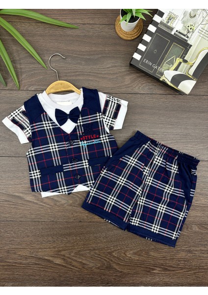Erkek Bebek Ekose Desenli Papyonlu Takım - 3'lü Yazlık Şık Set